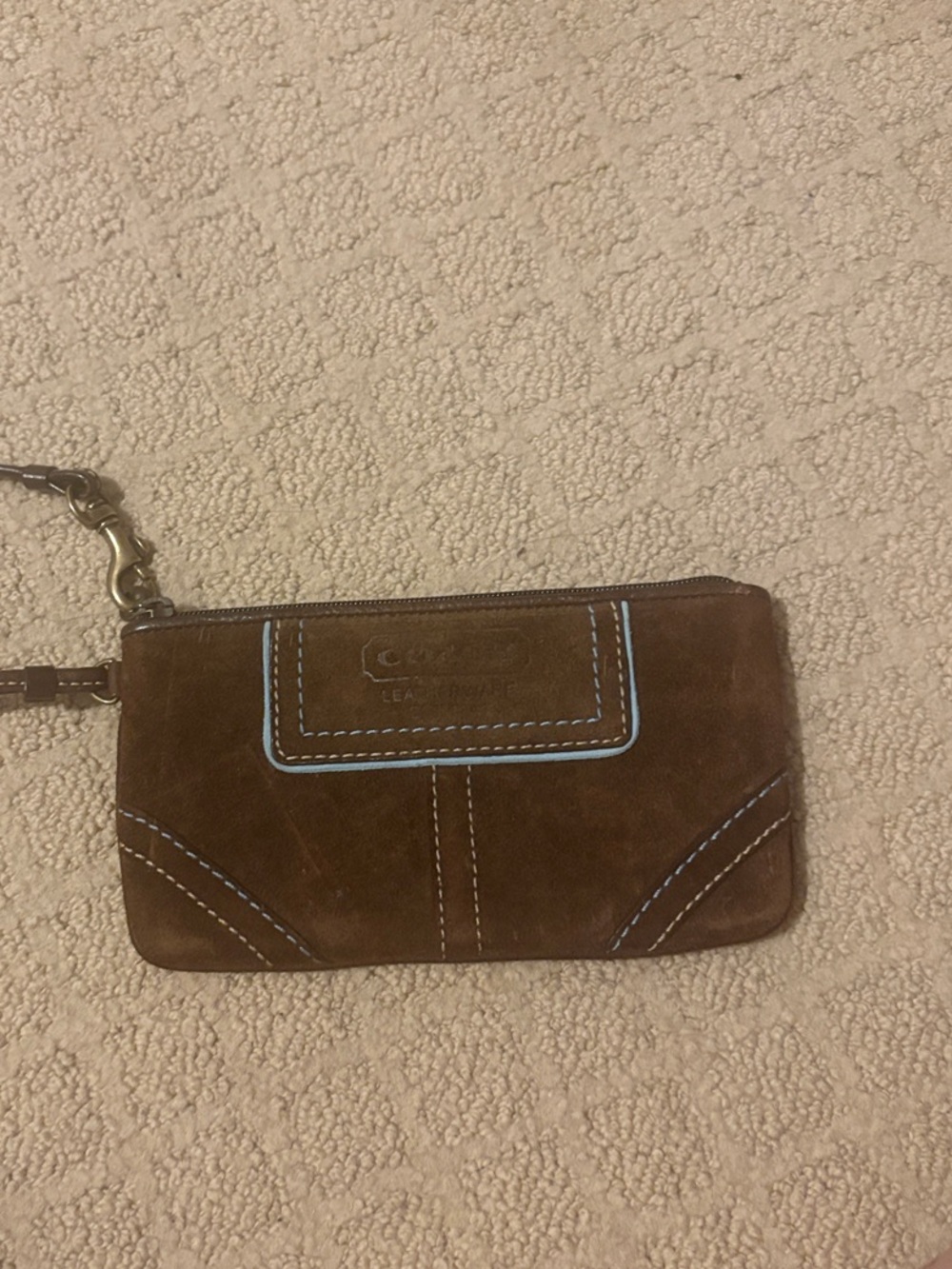 Coach Brown Suede Wristlet Clutch with Contrast Stitching